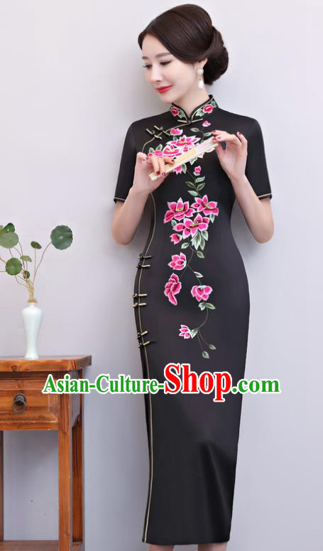 Chinese Traditional Tang Suit Embroidered Black Qipao Dress National Costume Mandarin Cheongsam for Women