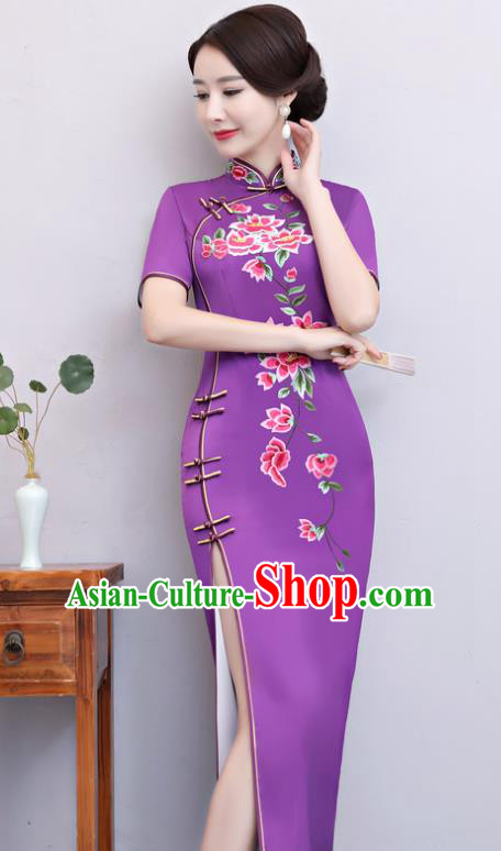 Chinese Traditional Tang Suit Embroidered Purple Qipao Dress National Costume Mandarin Cheongsam for Women