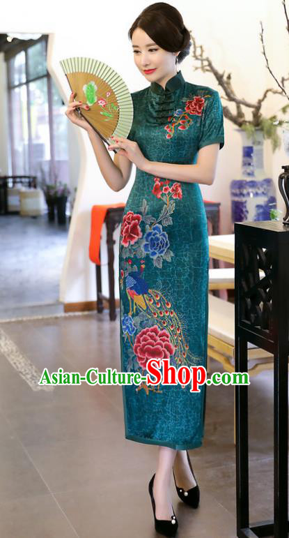 Chinese Traditional Tang Suit Printing Peacock Peony Qipao Dress National Costume Green Mandarin Cheongsam for Women