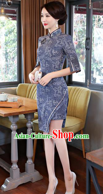 Chinese Traditional Tang Suit Navy Qipao Dress National Costume Mandarin Cheongsam for Women