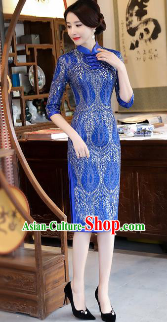 Chinese Traditional Tang Suit Qipao Dress National Costume Royalblue Mandarin Cheongsam for Women