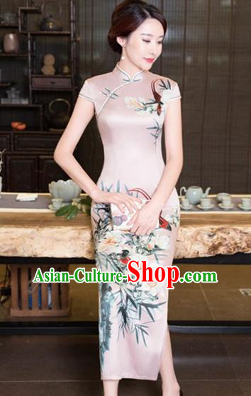 Chinese Traditional Tang Suit Printing Flowers Qipao Dress National Costume Pink Silk Mandarin Cheongsam for Women