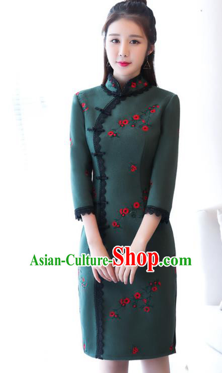 Chinese Traditional Tang Suit Plum Blossom Qipao Dress National Costume Atrovirens Mandarin Cheongsam for Women