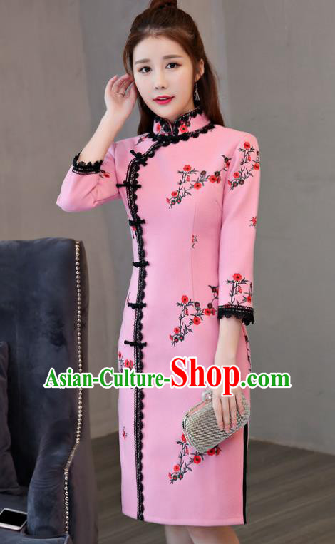 Chinese Traditional Tang Suit Plum Blossom Qipao Dress National Costume Pink Mandarin Cheongsam for Women