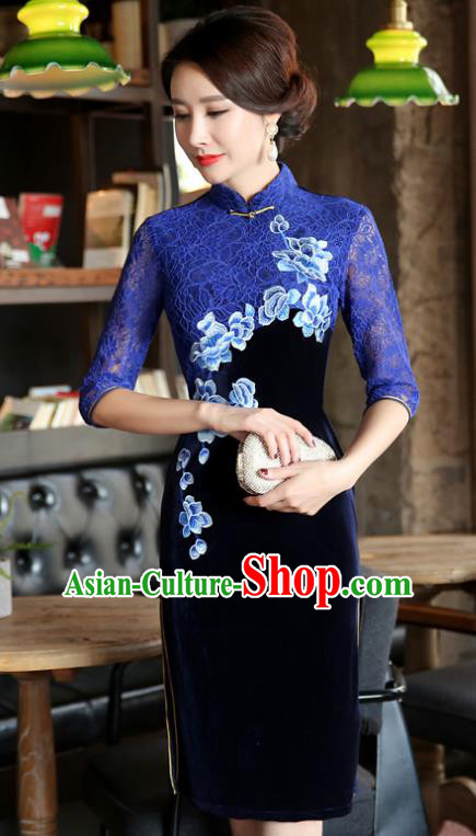 Top Grade Chinese Traditional Blue Lace Qipao Dress National Costume Tang Suit Mandarin Cheongsam for Women