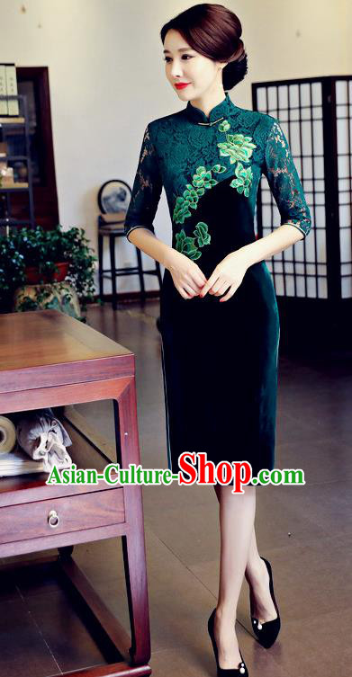 Top Grade Chinese Traditional Green Lace Qipao Dress National Costume Tang Suit Mandarin Cheongsam for Women