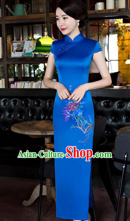 Top Grade Chinese Traditional Printing Orchid Qipao Dress National Costume Blue Silk Mandarin Cheongsam for Women