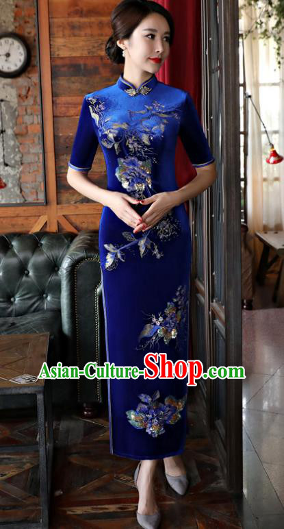Top Grade Chinese Traditional Qipao Dress National Costume Blue Velvet Mandarin Cheongsam for Women