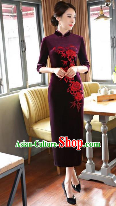 Top Grade Chinese Embroidered Qipao Dress National Costume Traditional Purple Velvet Mandarin Cheongsam for Women