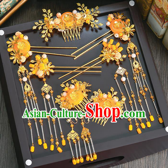 Traditional Chinese Ancient Bride Hair Accessories Xiuhe Suit Yellow Phoenix Coronet Hairpins Complete Set for Women