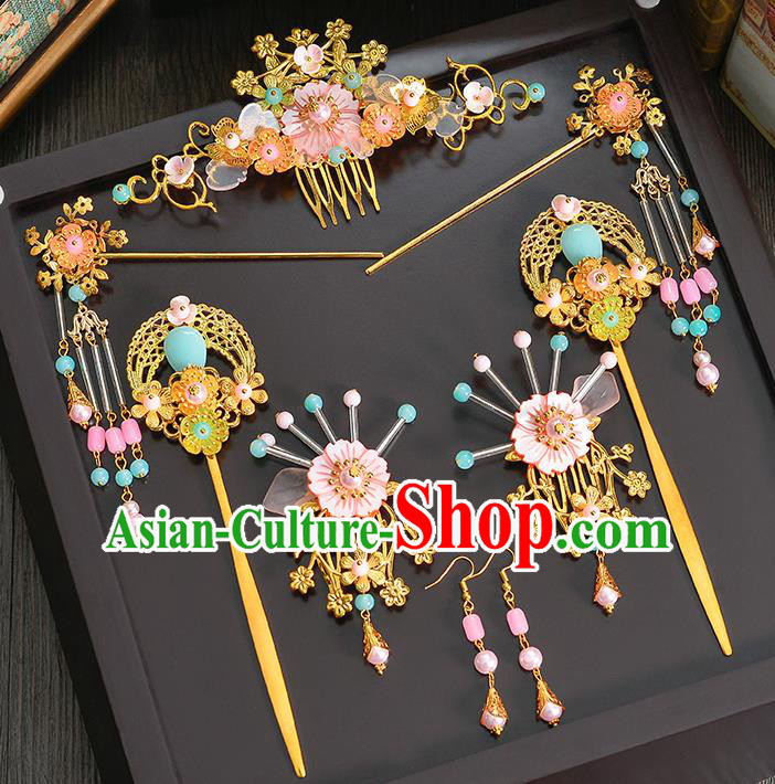 Traditional Chinese Ancient Bride Hair Accessories Xiuhe Suit Golden Phoenix Coronet Hairpins Complete Set for Women