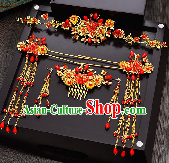 Traditional Chinese Ancient Bride Hair Accessories Xiuhe Suit Hairpins Tassel Step Shake Complete Set for Women