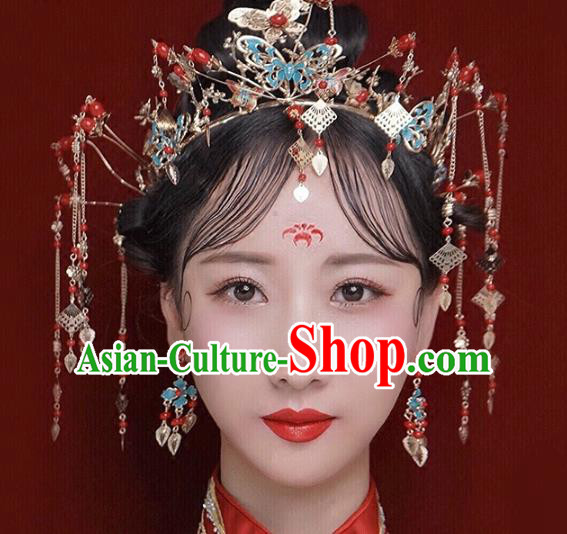 Traditional Chinese Ancient Bride Hair Accessories Xiuhe Suit Hairpins Golden Tassel Phoenix Coronet for Women