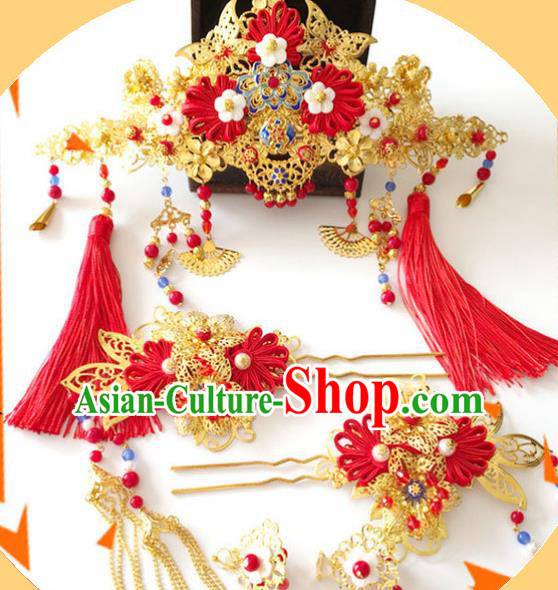 Traditional Chinese Ancient Wedding Hair Accessories Xiuhe Suit Hairpins Tassel Phoenix Coronet for Women