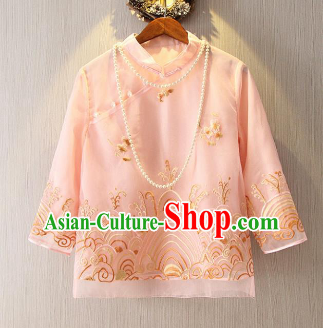 Chinese Traditional National Pink Cheongsam Shirt Tangsuit Stand Collar Embroidered Blouse for Women