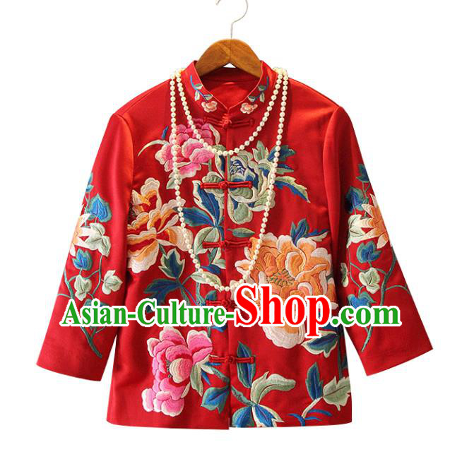 Chinese Traditional National Red Cheongsam Shirt Tangsuit Stand Collar Embroidered Coats for Women