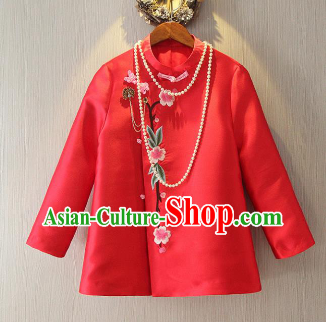 Chinese Traditional National Cheongsam Jacket Tangsuit Embroidered Red Coats for Women