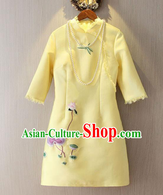 Chinese Traditional National Costume Yellow Cheongsam Tangsuit Embroidered Short Dress for Women