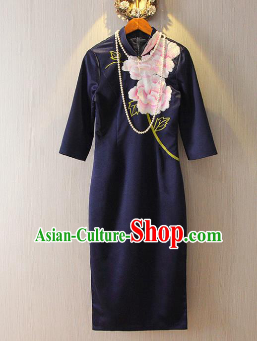 Chinese Traditional National Cheongsam Costume Tangsuit Embroidered Navy Dress for Women