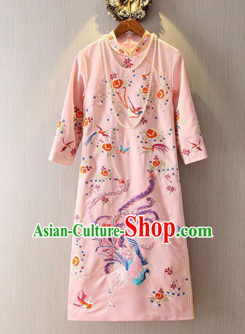 Chinese Traditional National Cheongsam Dress Tangsuit Embroidered Phoenix Pink Qipao for Women
