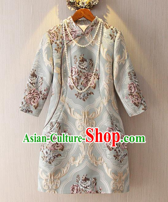 Chinese Traditional National Costume Stand Collar Cheongsam Tangsuit Embroidered Qipao Dress for Women