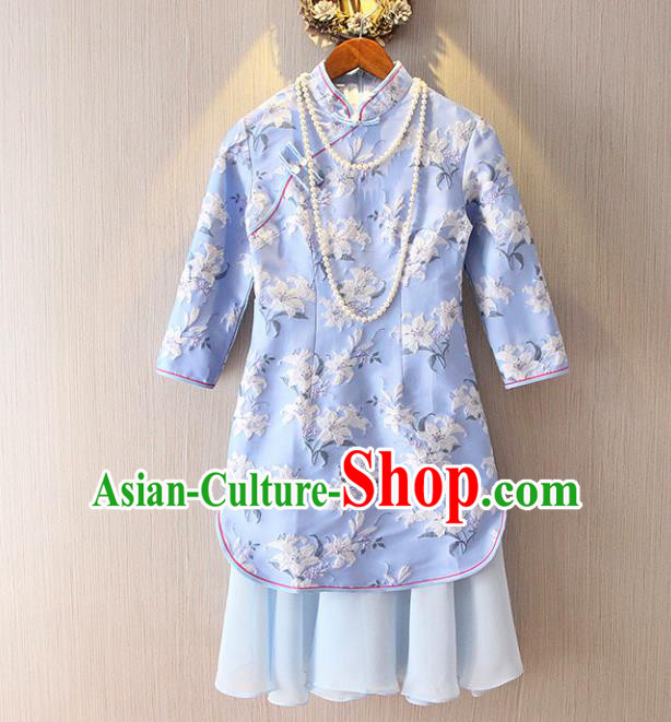 Chinese Traditional National Costume Stand Collar Blue Cheongsam Tangsuit Embroidered Qipao Dress for Women