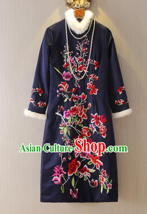 Chinese Traditional National Costume Embroidered Navy Cheongsam Tangsuit Qipao Dress for Women