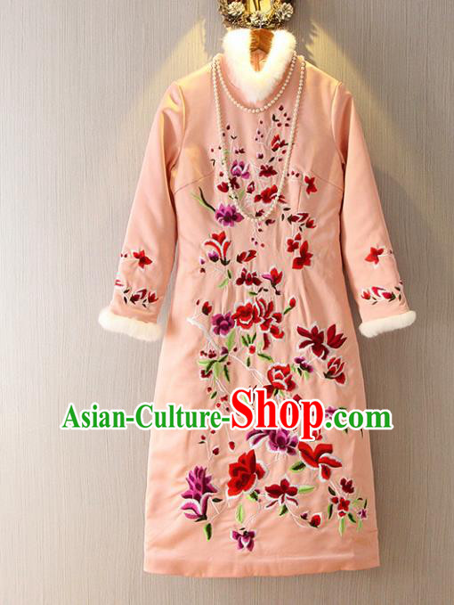 Chinese Traditional National Costume Embroidered Pink Cheongsam Tangsuit Qipao Dress for Women