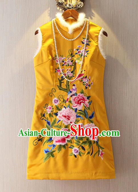 Chinese Traditional National Costume Embroidered Yellow Cheongsam Tangsuit Qipao Dress for Women
