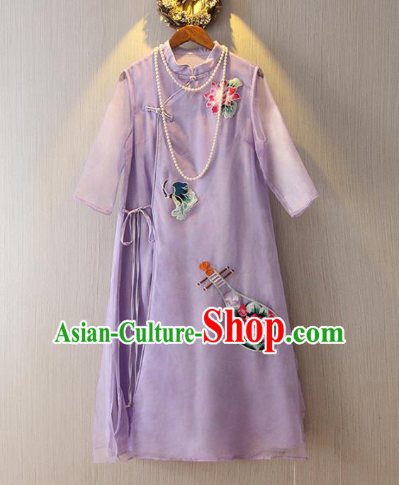 Chinese Traditional National Costume Embroidered Purple Cheongsam Tangsuit Qipao Dress for Women