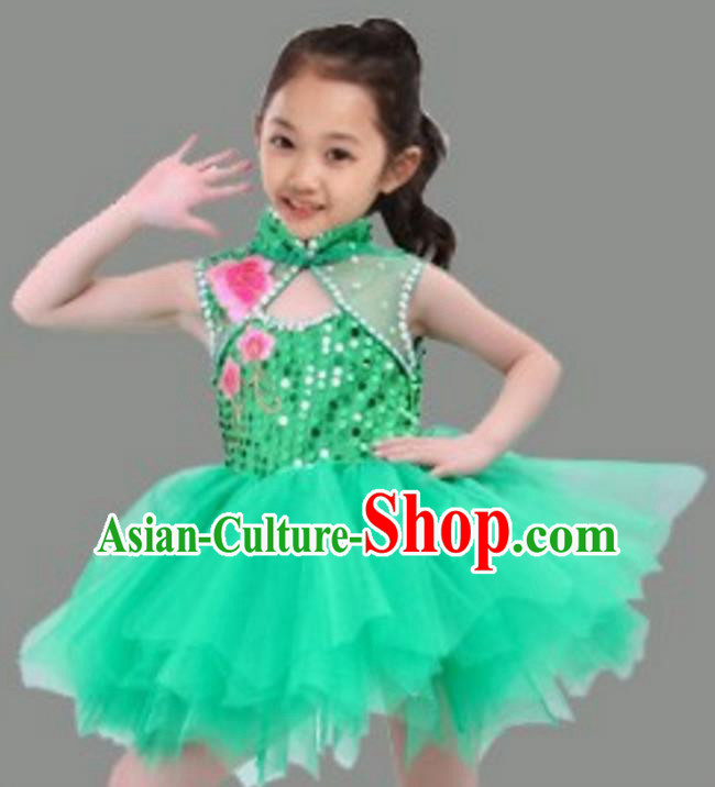 Chinese Classical Stage Performance Dance Costume, Children Chorus Modern Dance Green Dress for Kids