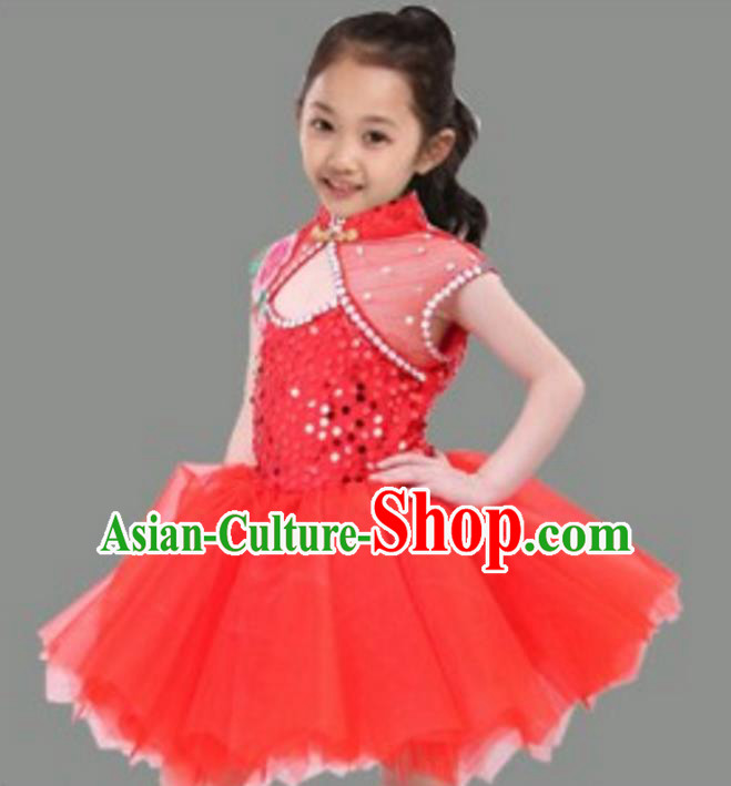 Chinese Classical Stage Performance Dance Costume, Children Chorus Modern Dance Red Dress for Kids