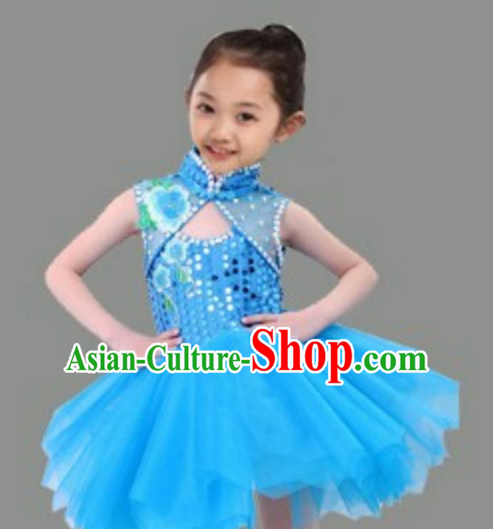 Chinese Classical Stage Performance Dance Costume, Children Chorus Modern Dance Blue Dress for Kids