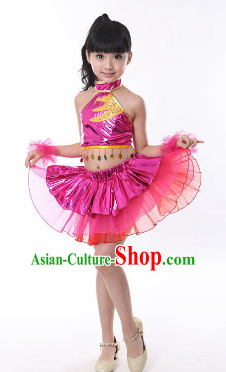 Chinese Classical Stage Performance Jazz Dance Costume, Children Modern Dance Rosy Bubble Dress for Kids