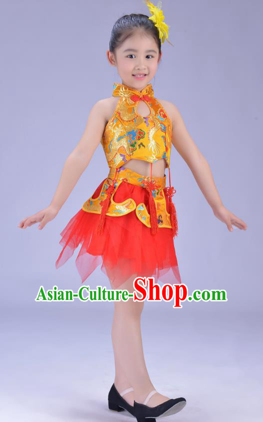 Chinese Classical Stage Performance Dance Costume, Children Yangko Dance Yellow Bubble Dress for Kids