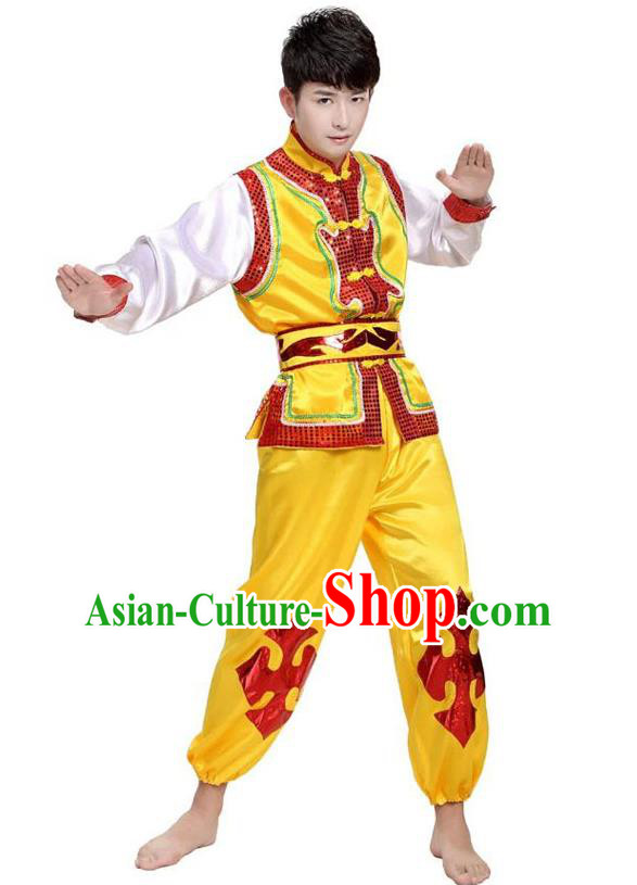 Traditional Chinese Yangge Dance Fan Dance Costume, Folk Drum Dance Yellow Uniform Yangko Clothing for Men