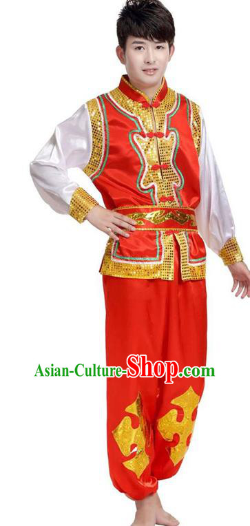 Traditional Chinese Yangge Dance Fan Dance Costume, Folk Drum Dance Red Uniform Yangko Clothing for Men