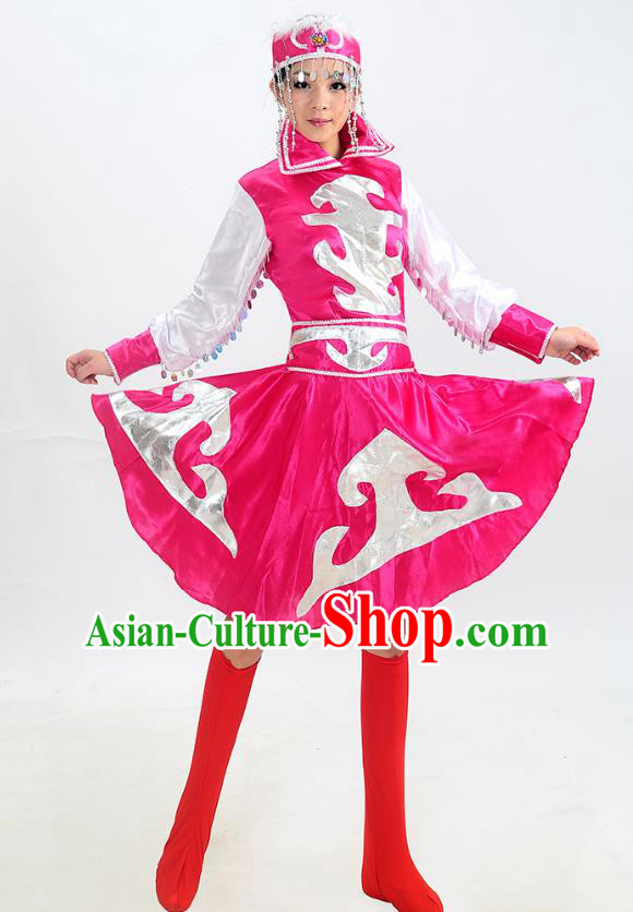 Traditional Chinese Mongol Nationality Dance Costume, Mongols Folk Dance Red Dress for Women