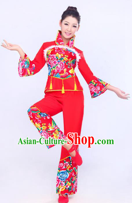 Chinese Traditional Fan Dance Printing Costume Folk Dance Drum Dance Red Uniform Yangko Clothing for Women