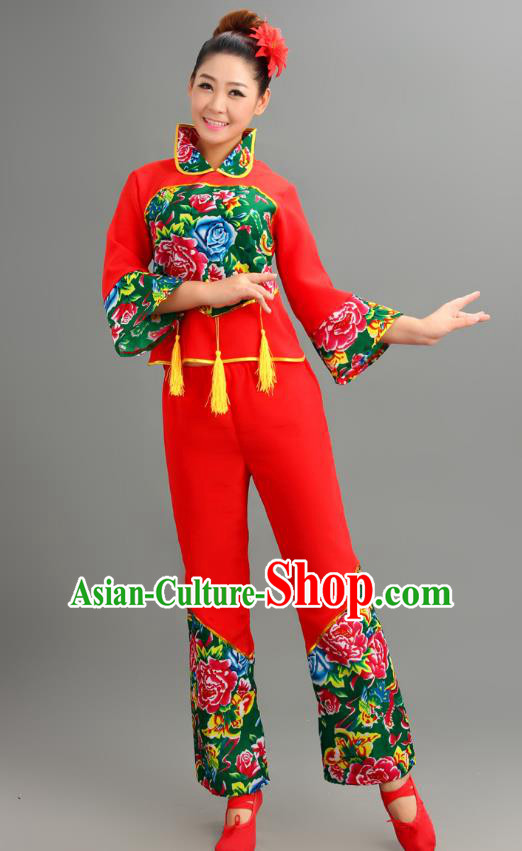 Chinese Traditional Fan Dance Printing Costume Folk Dance Drum Dance Green Uniform Yangko Clothing for Women