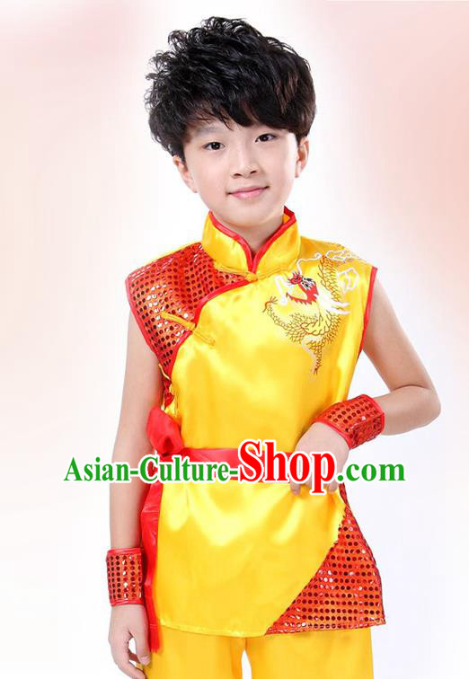 Traditional Chinese Yangge Dance Costume, Folk Dance Lion Dance Short Sleeve Yellow Uniform Yangko Clothing for Kids