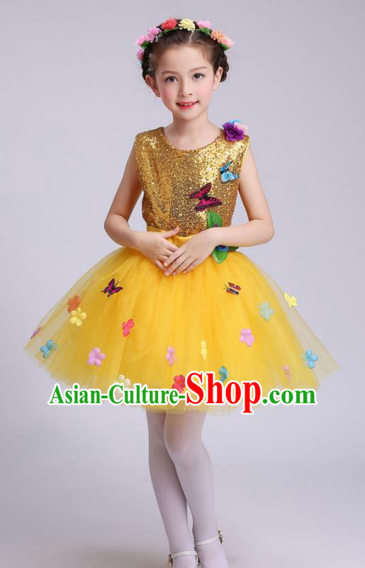 Top Grade Children Modern Dance Costume, Professional Chorus Sing Group Yellow Dress for Kids