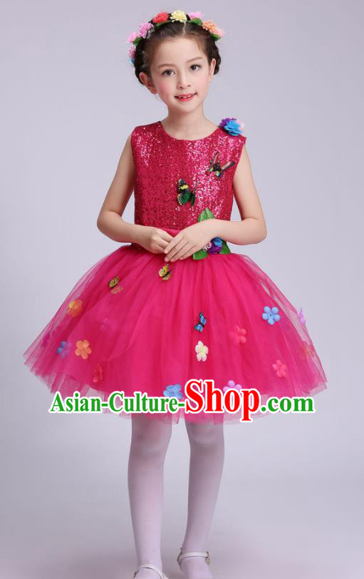 Top Grade Children Modern Dance Costume, Professional Chorus Sing Group Rosy Dress for Kids