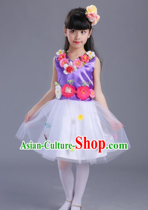 Top Grade Flower Faerie Modern Dance Costume, Children Chorus Singing Group Dance Purple Dress for Kids