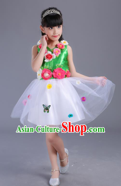 Top Grade Flower Faerie Modern Dance Costume, Children Chorus Singing Group Dance Green Dress for Kids