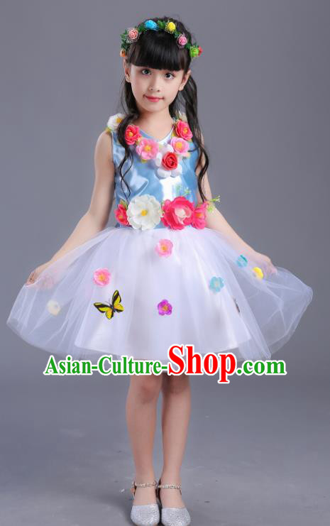Top Grade Flower Faerie Modern Dance Costume Blue Dress, Children Chorus Singing Group Dance Clothing for Kids