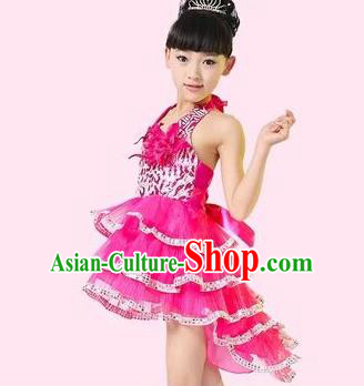 Top Grade Stage Performance Latin Dance Costume, Professional Modern Dance Rosy Swallow-tailed Dress for Kids