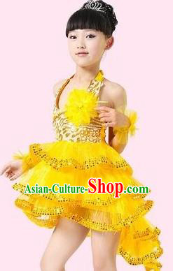 Top Grade Stage Performance Latin Dance Costume, Professional Modern Dance Yellow Swallow-tailed Dress for Kids