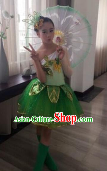 Top Grade Stage Performance Lotus Dance Costume, Professional Classical Dance Green Clothing for Kids