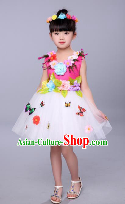 Top Grade Stage Performance Flowers Dance Costume, Professional Modern Dance Rosy Dress for Kids